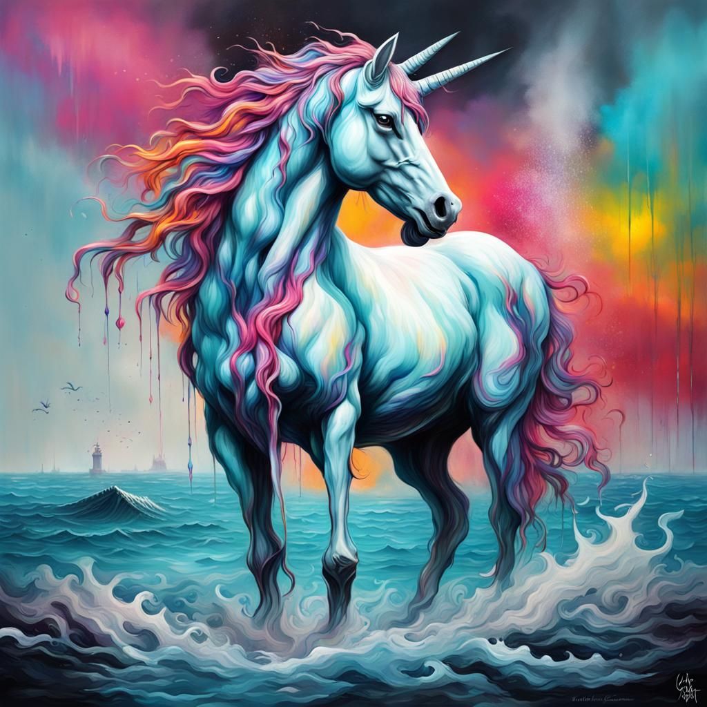 Macabre Unicorn Emerges from Ocean: Graffiti Art