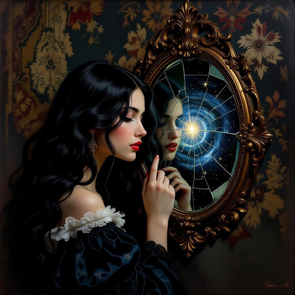 Ethereal Muse Gazes into Starry Mirror, Baroque Chamber