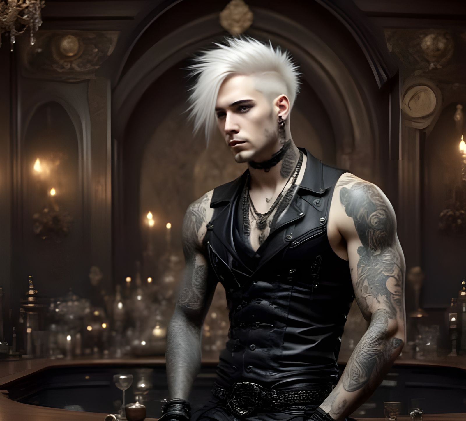 Punk Man in Leather Dress in Gothic Bar