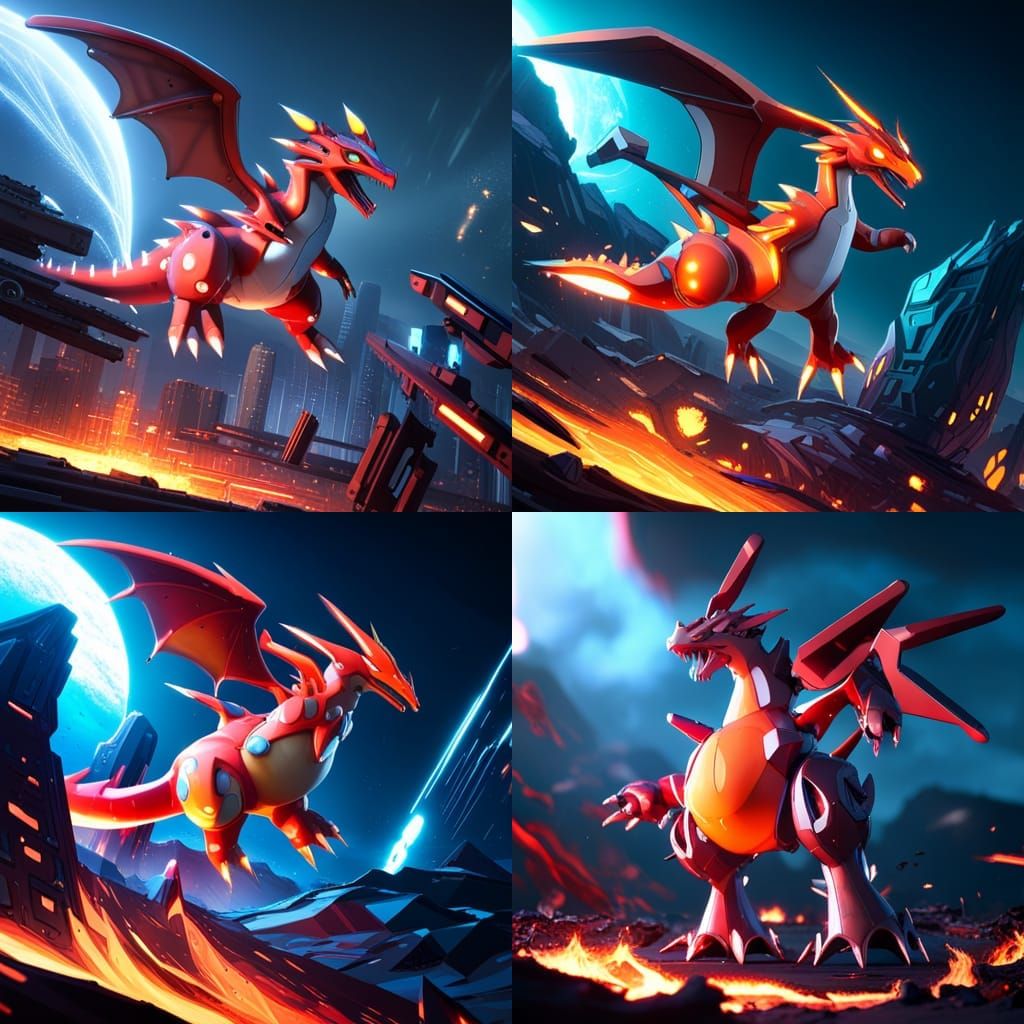 Mecha Charizard Pokemon Surrounded by Fire in Sci-Fi Style