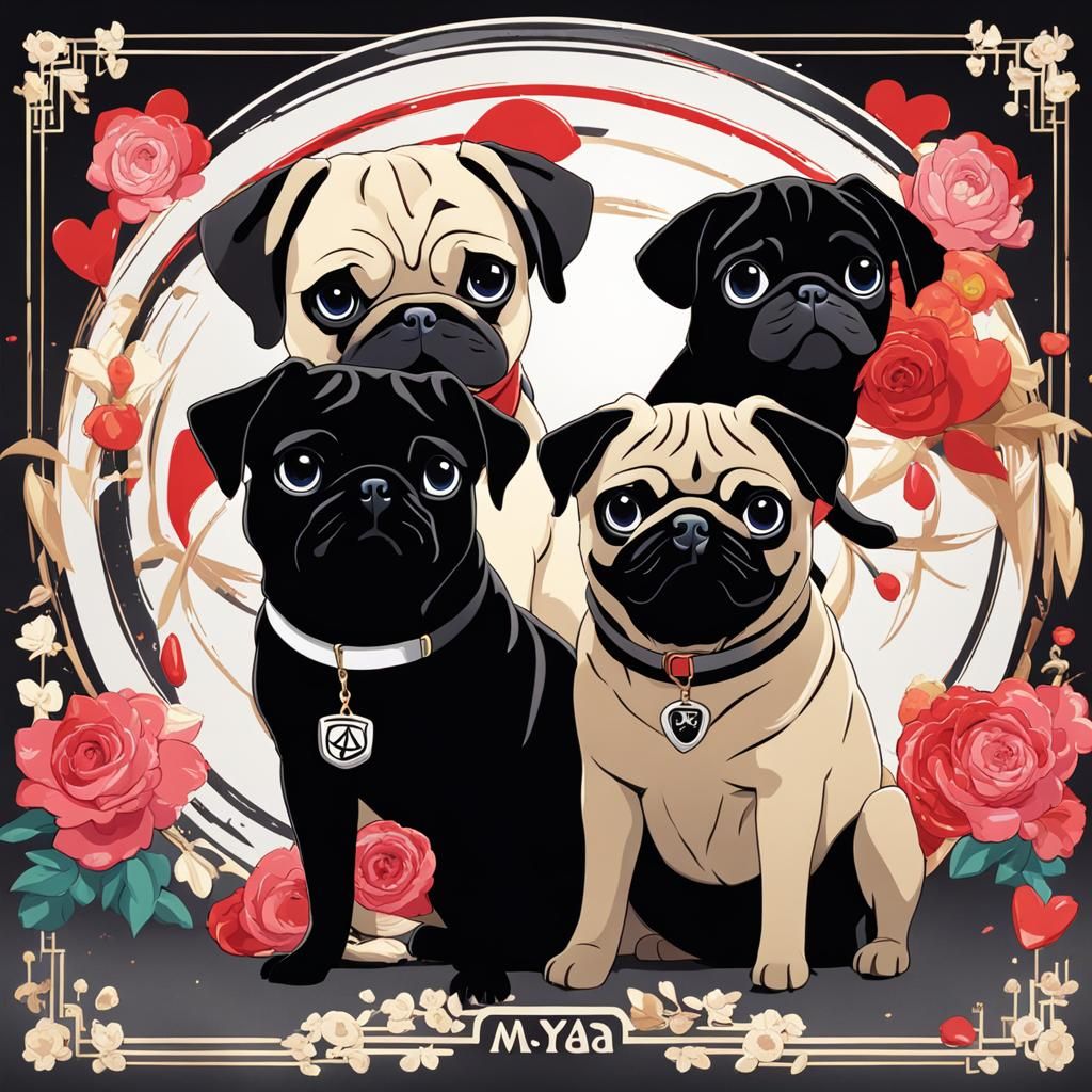 Three Pugs on a Base in Anime Style