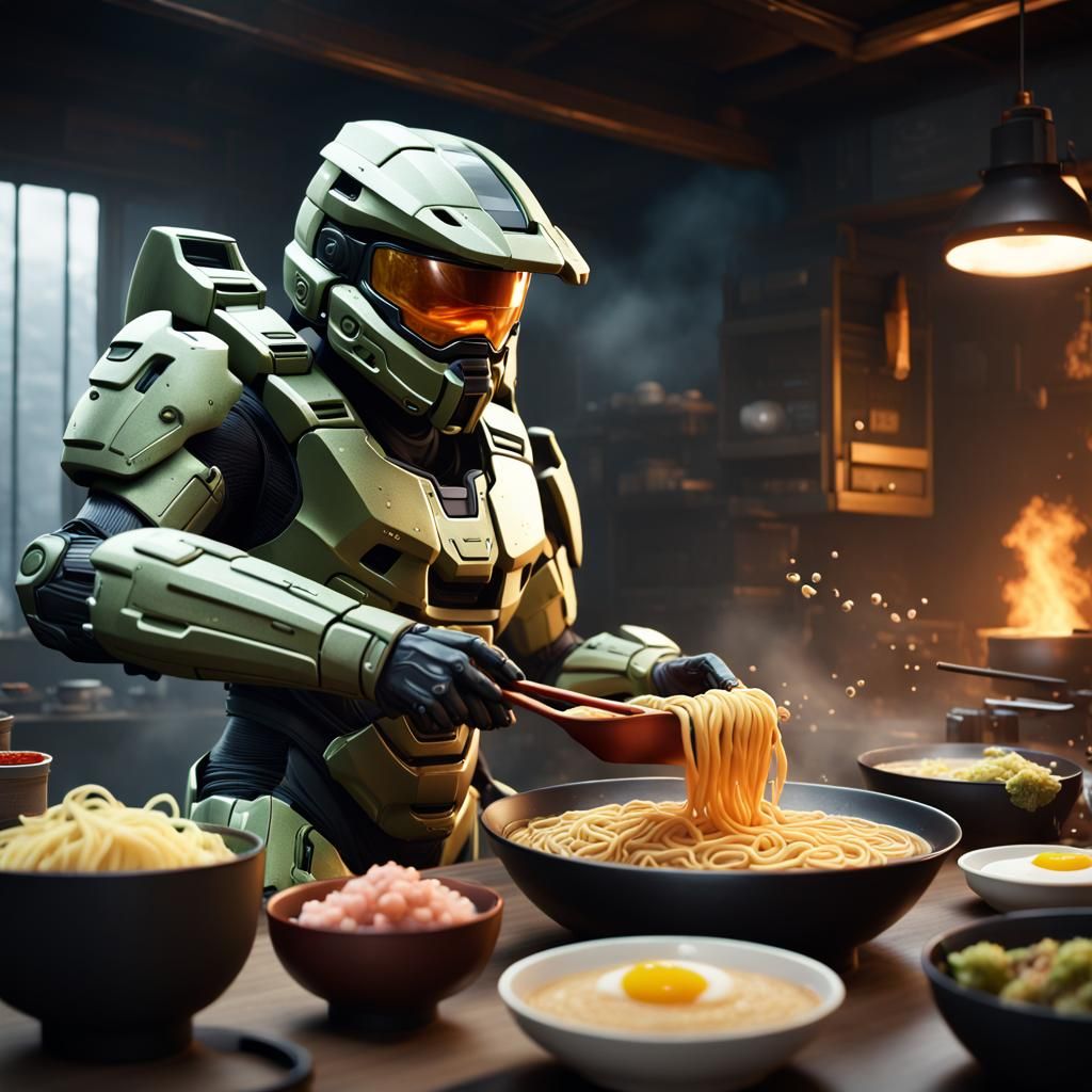 Master Chief Cooking Ramen: Detailed Matte Painting