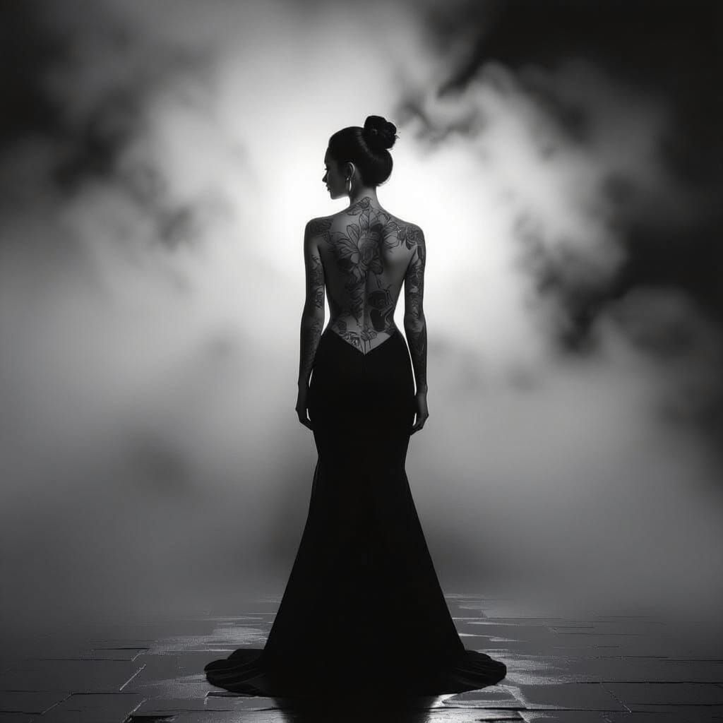 Mysterious Woman With Intricate Back Tattoo in Fog