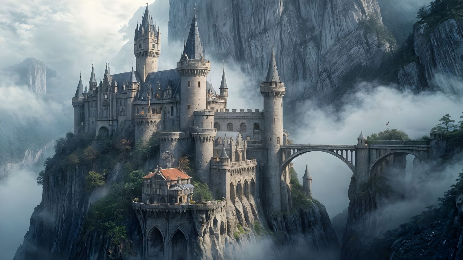 Ethereal Cliffside Castle with Floating Bridges
