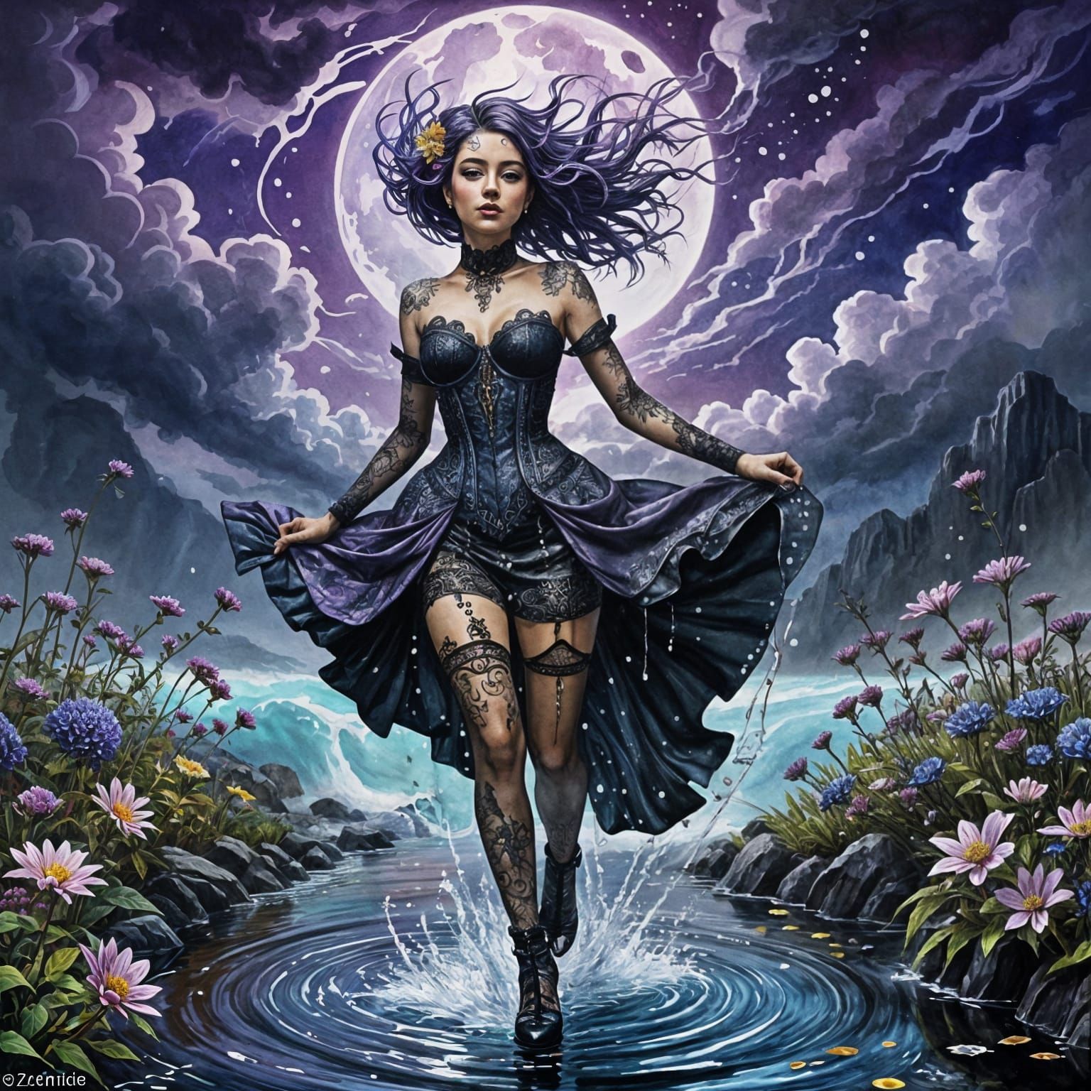 Gothic Athlete Emerges from Whimsical Cosmic Tides