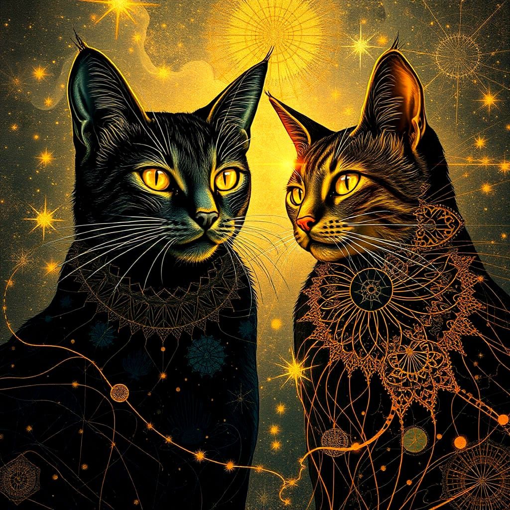 Enchanted Feline Realm in Celestial Holographic Art