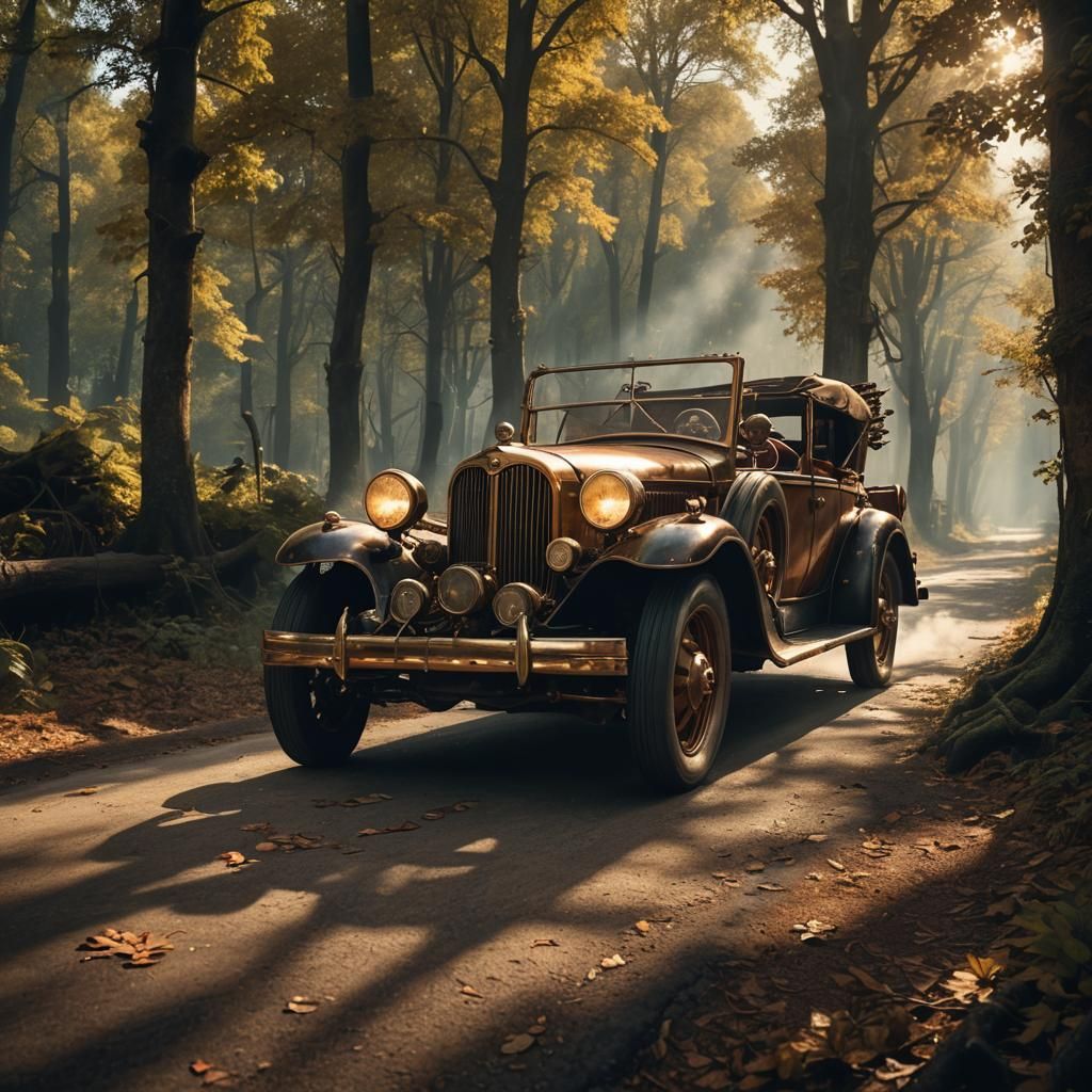 A Steampunk Car Enters a Medieval Forest