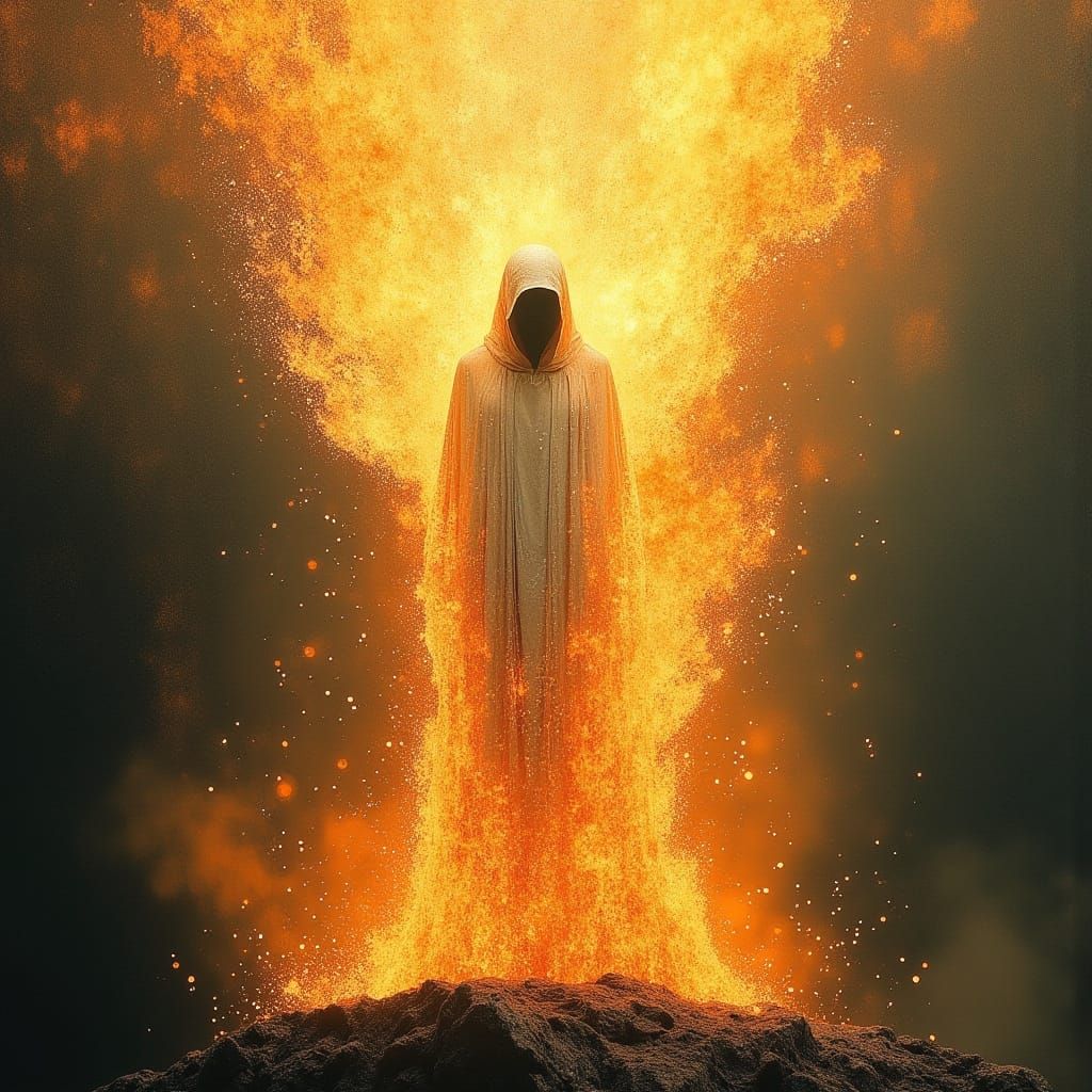 Mysterious Figure Enveloped in Flickering Divine Flames
