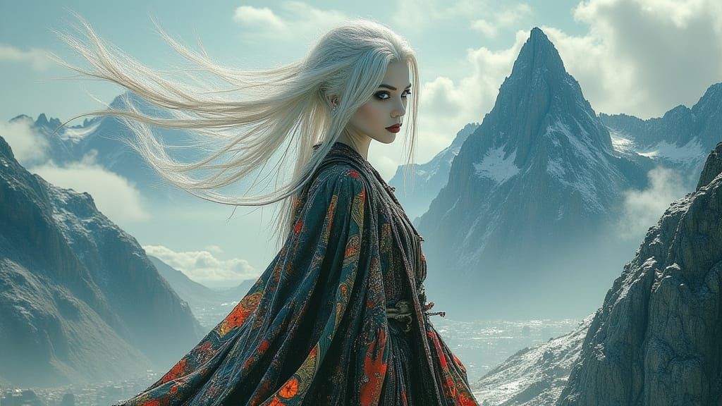 Majestic Woman in Flowing Robes Amidst Mountains