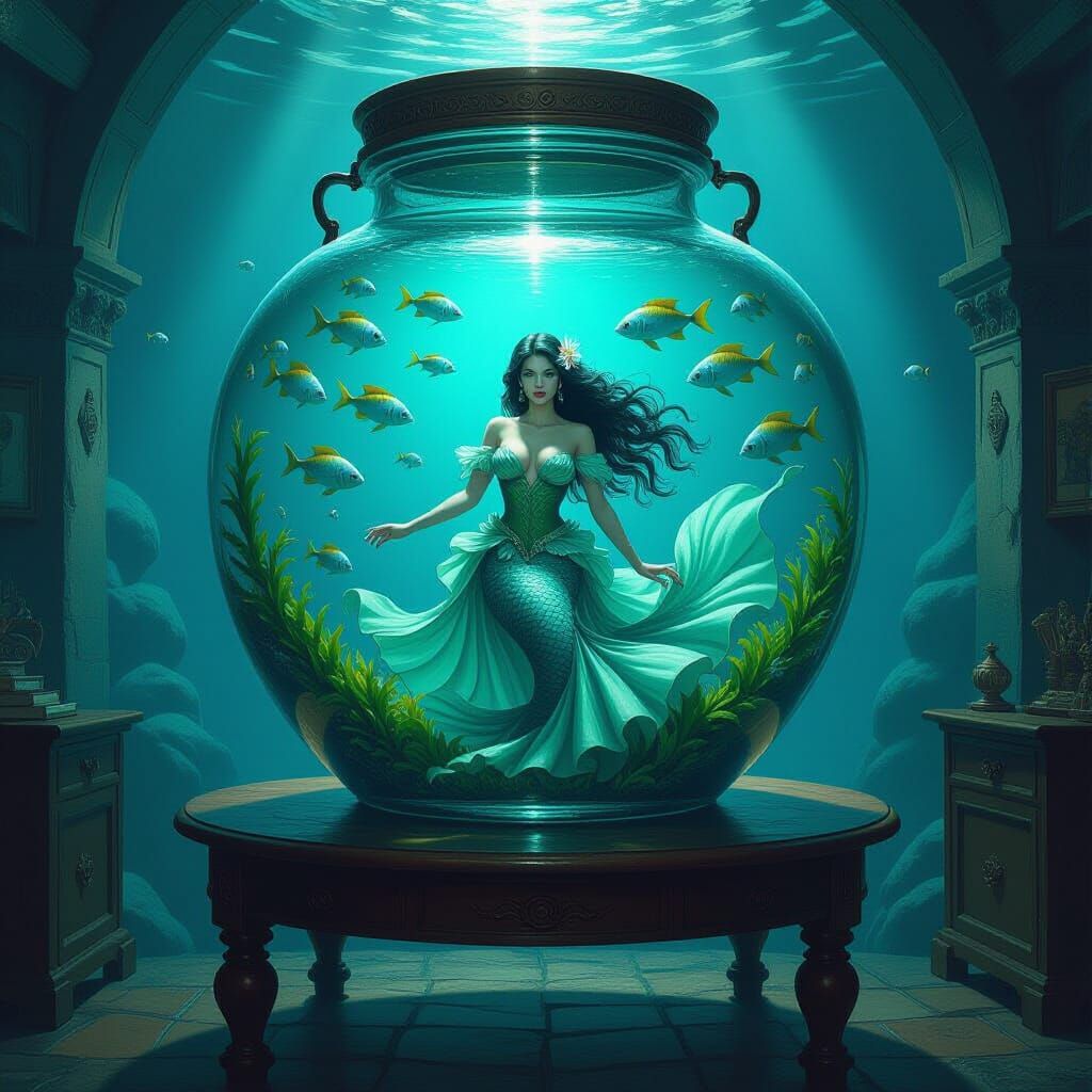 Mermaid in Jar Fantasy Oil Painting