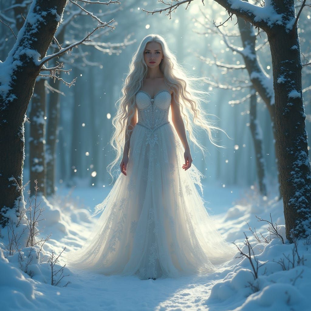 Ethereal Winter Princess in Whimsical Snowy Wonderland