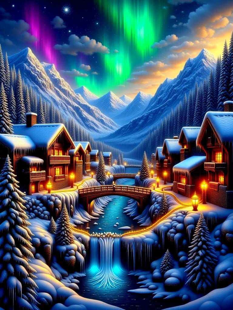 Magical Winter Village Under Aurora Borealis Sky