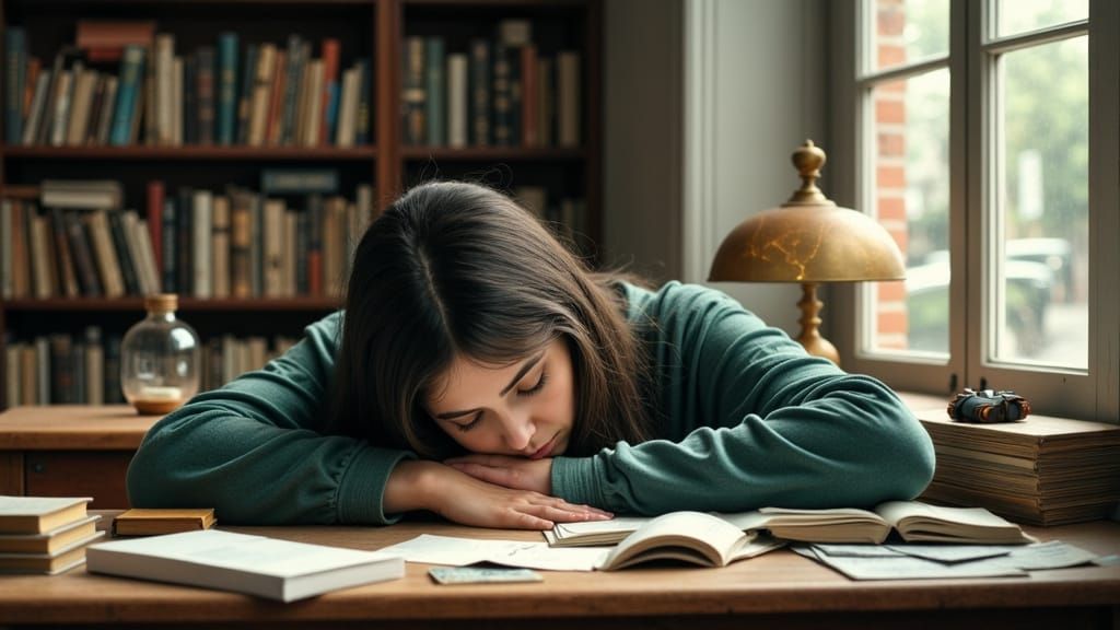 Fatigued Student in Cozy Library