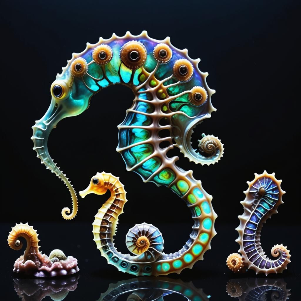 Bioluminescent Seahorse and Octopus with Ammonites