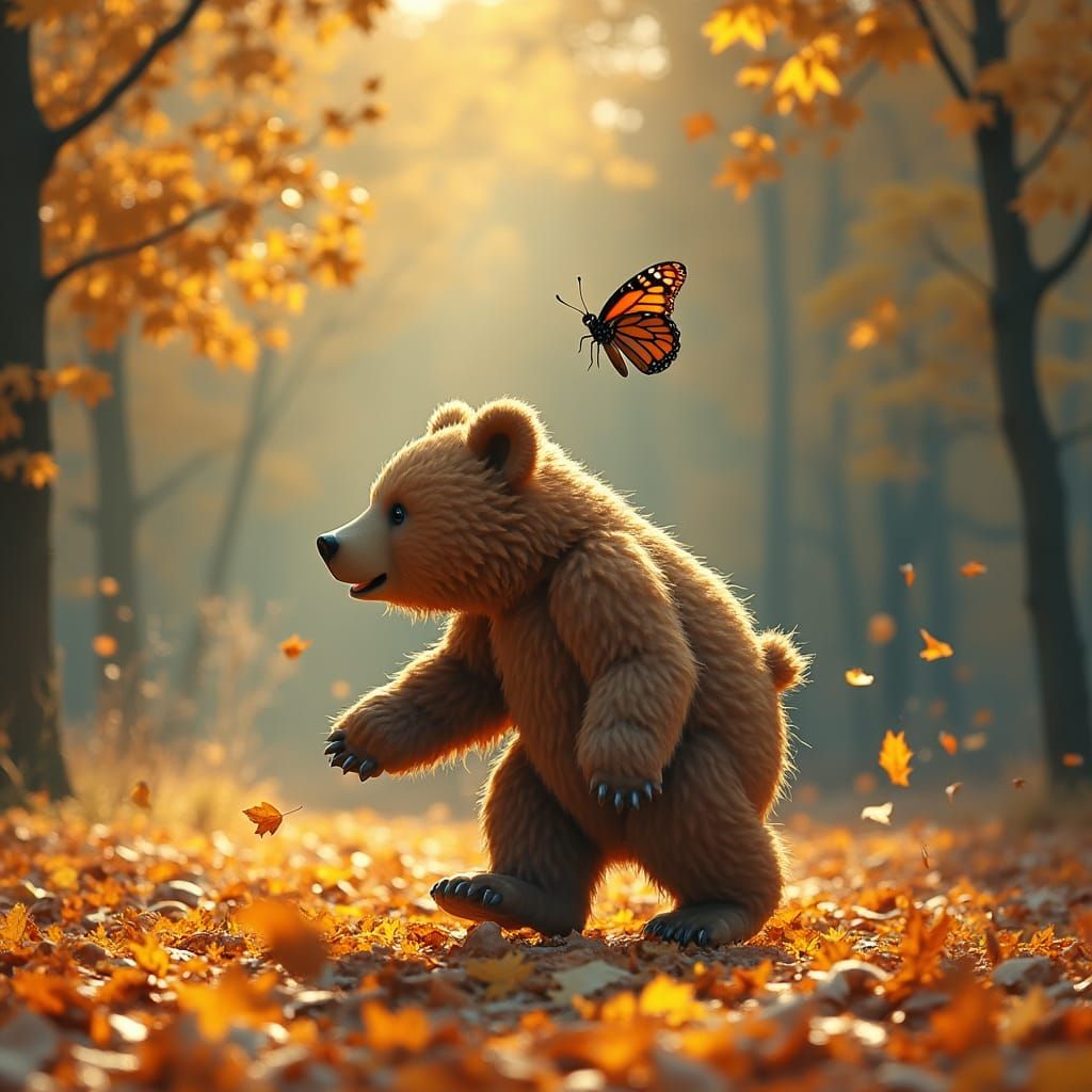 a bear ambling through a pile of leaves chasing a butterfly