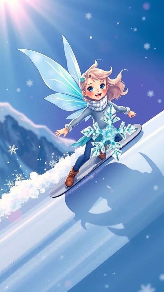 Joyful Fairy Snowboarding on Snowflake, Anime Style