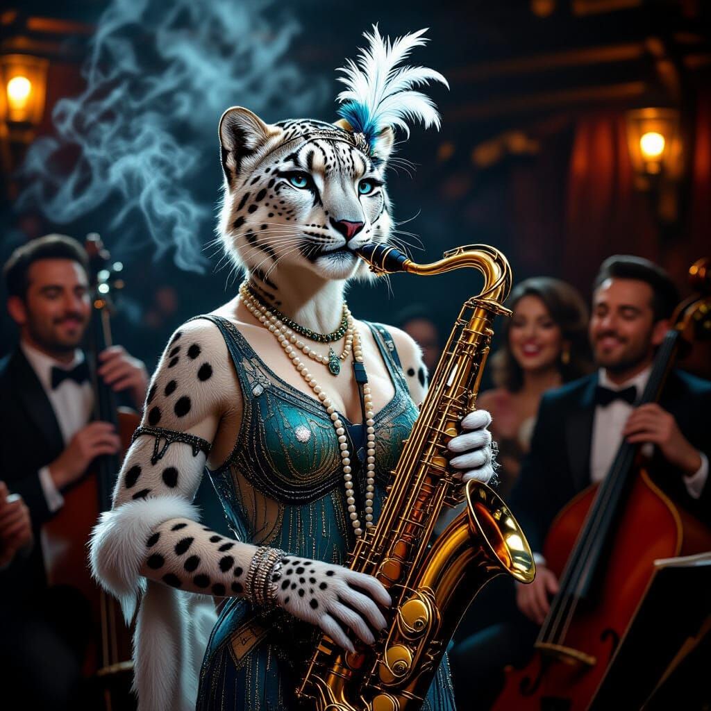 Snow Leopard Jazz Player in Art Deco Style