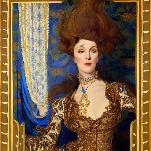 Art Nouveau Painting of Elegant Woman in Gilded Hallway