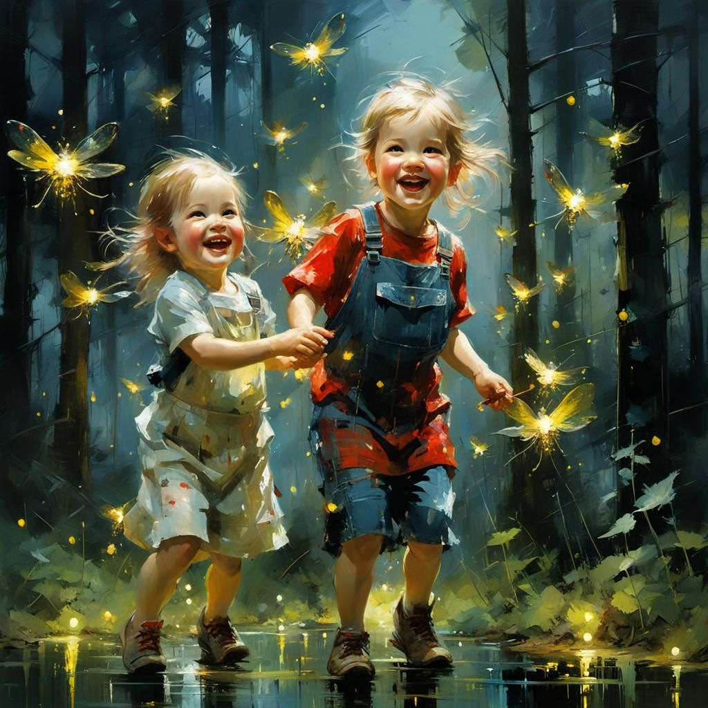 Children Capture Fireflies: Fine Art Night Scene