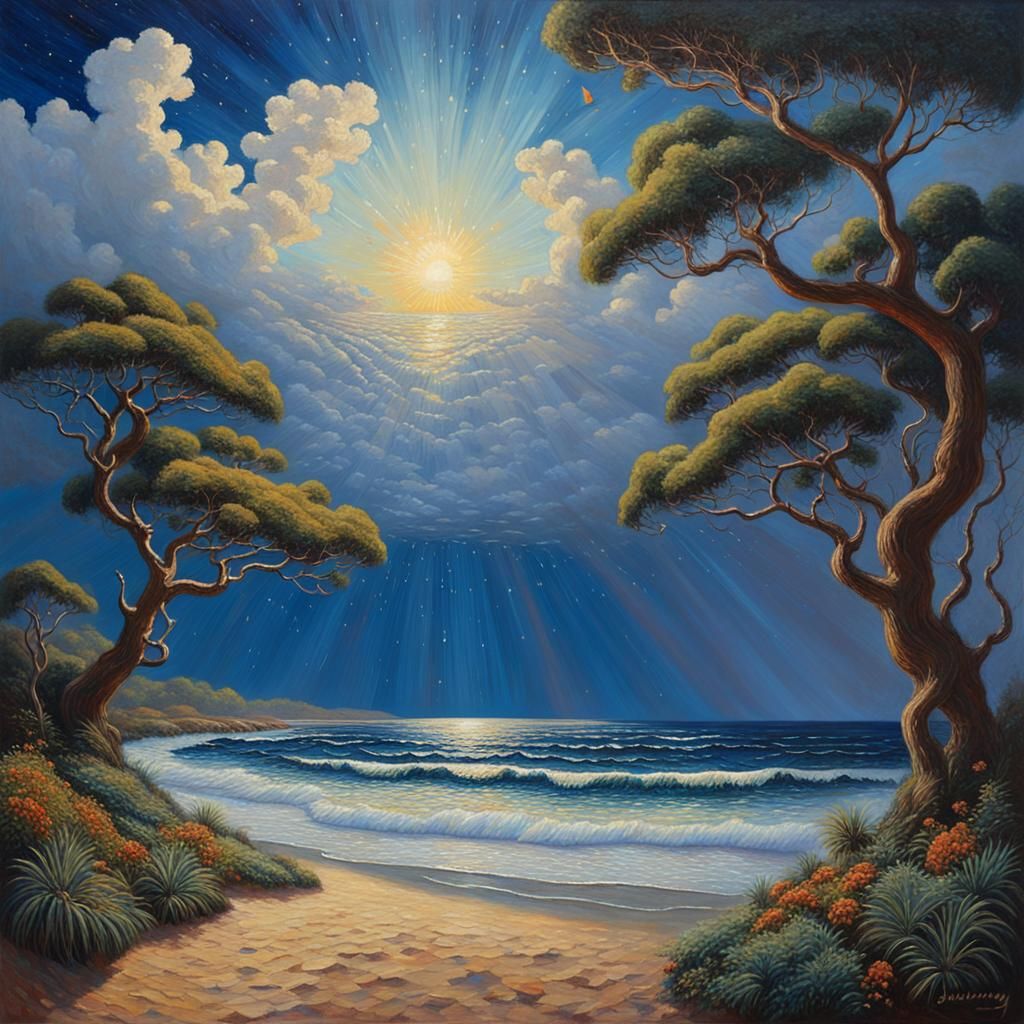 Uplifting Landscape with Sun, Sea, and Forest, as Oil Painti...