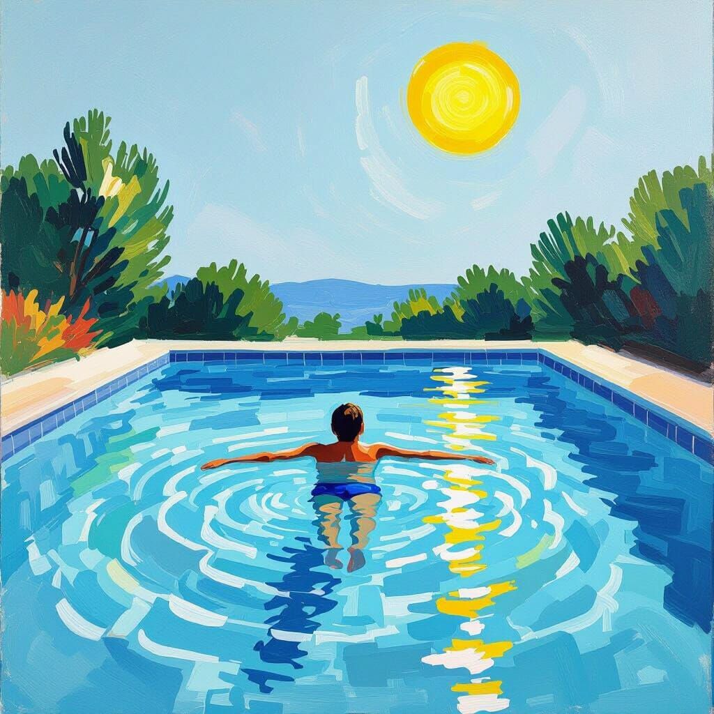 Swimmer in Pool, Hockney Style with Impressionist Colors