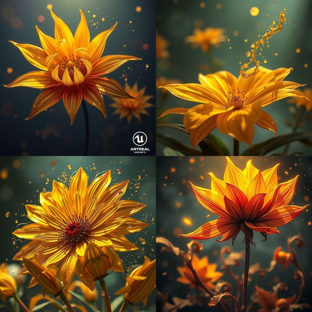 Surreal Golden Bloom in Vibrant Fantasy Landscape