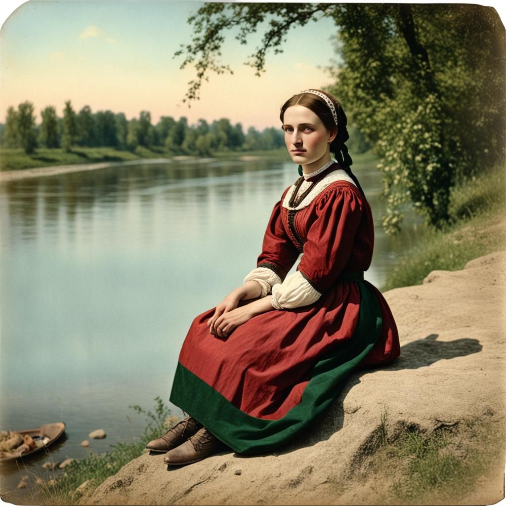 Moldovan Woman at River: 1858 Color Photo