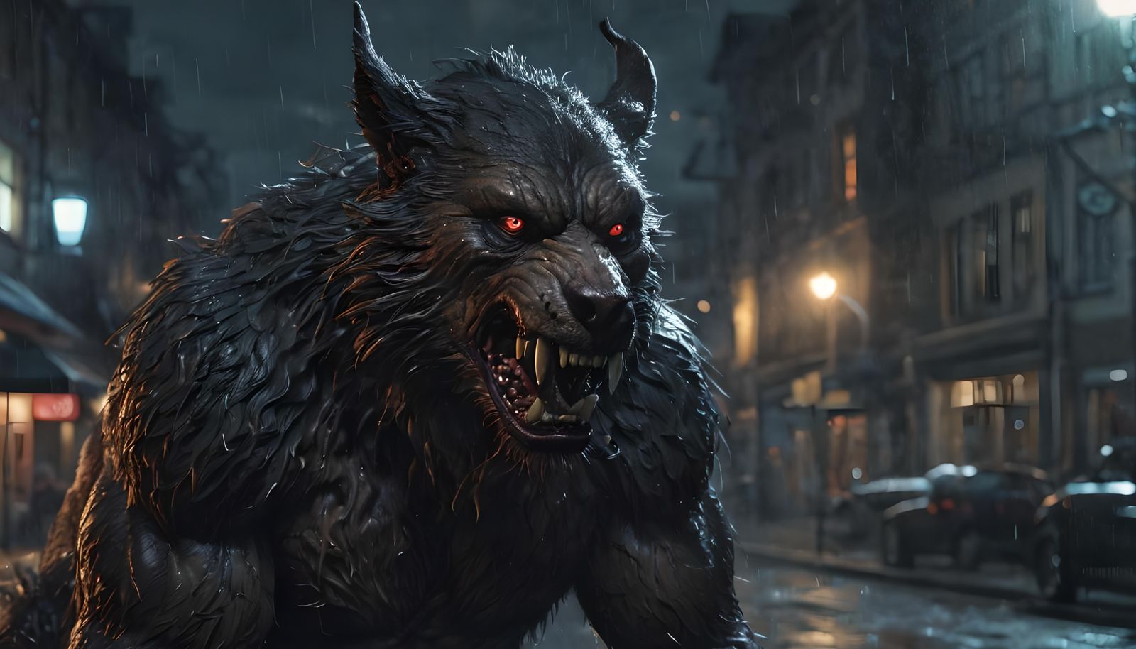 Demonic Werewolf Portrait on Rainy Street