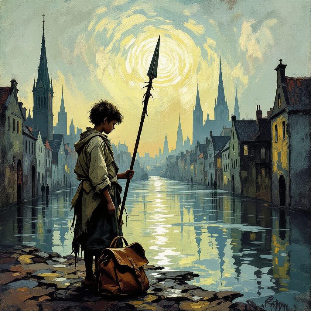 Melting Cityscape with Boy and Spear: Van Gogh Style