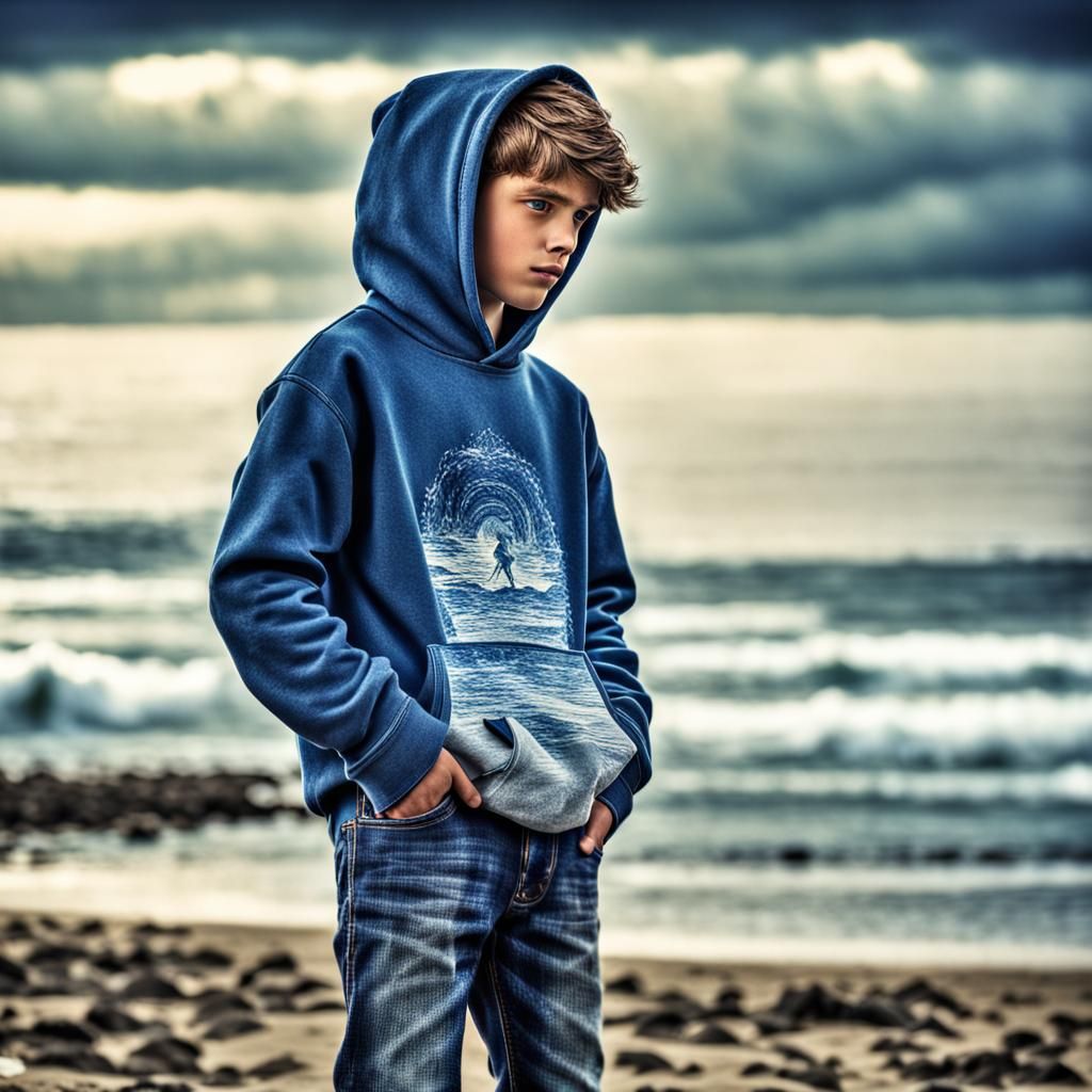 Stylish Boy at Beach in Hyperrealistic Photo