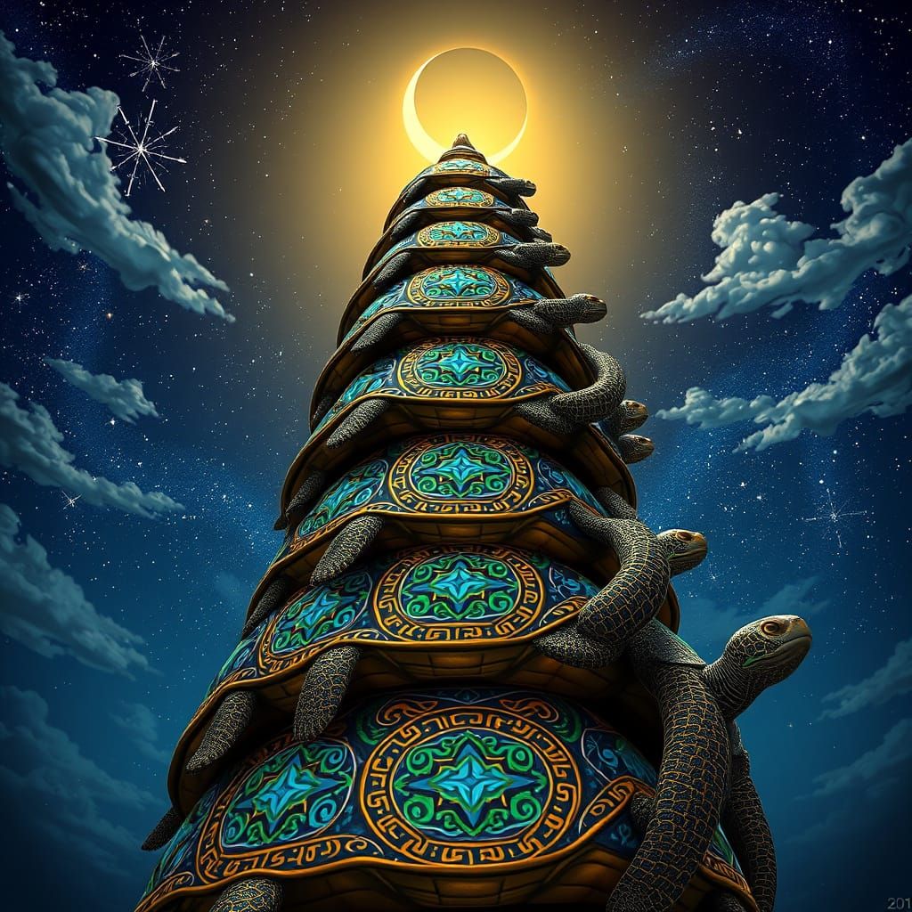 Majestic Tower of Turtles in Vibrant, Ethereal Style