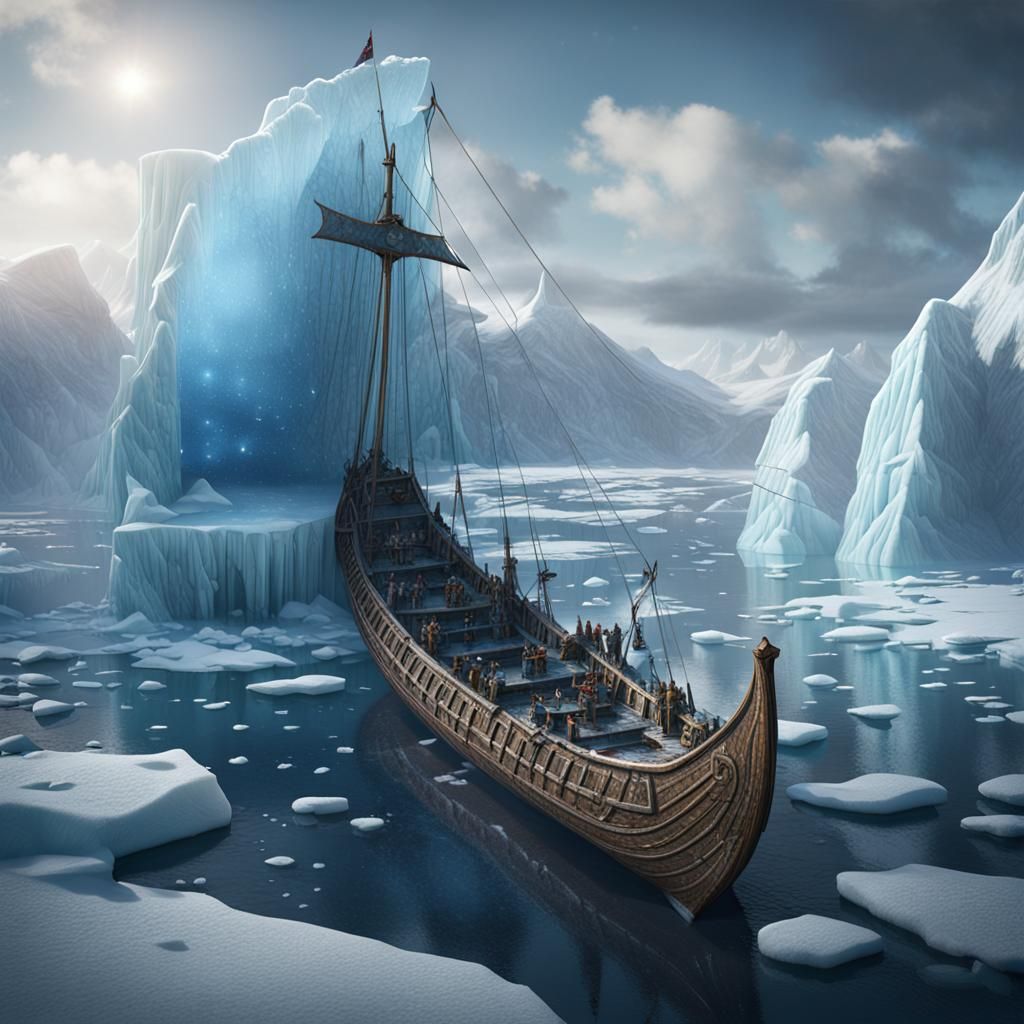 Frozen Viking Ship and Giant in Arctic Ice