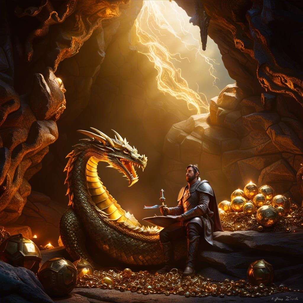 Medieval Dragon on Treasure Hoard in Cave