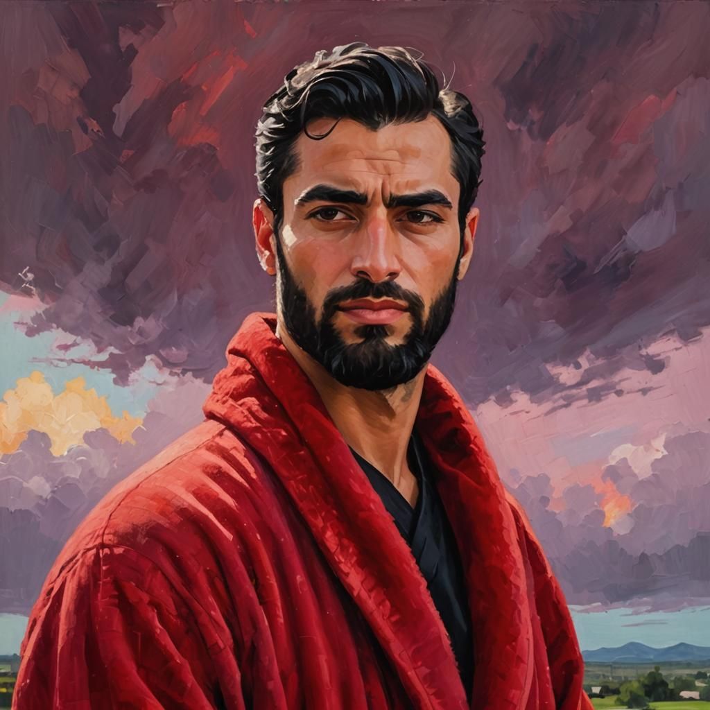 Handsome Man in Impasto Gouache Expressionist Painting