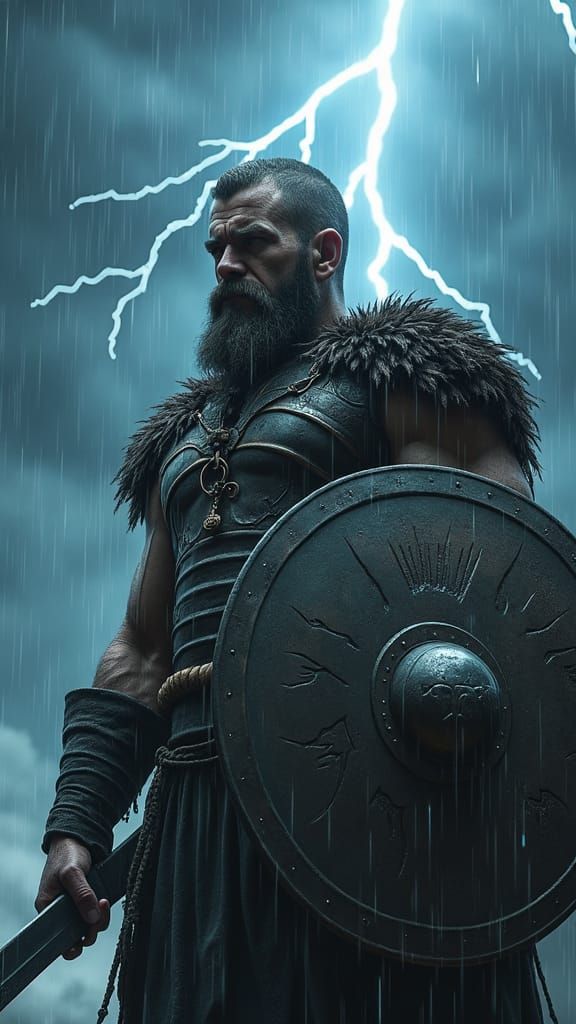 Viking Eagle Warrior in Stormy Landscape