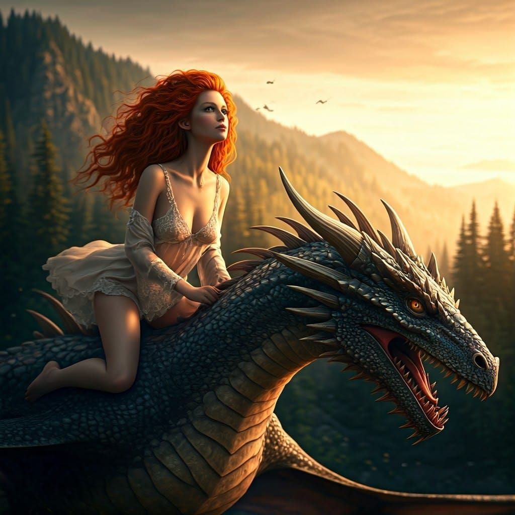Redhead Maiden on Dragon in Fantasy Realm