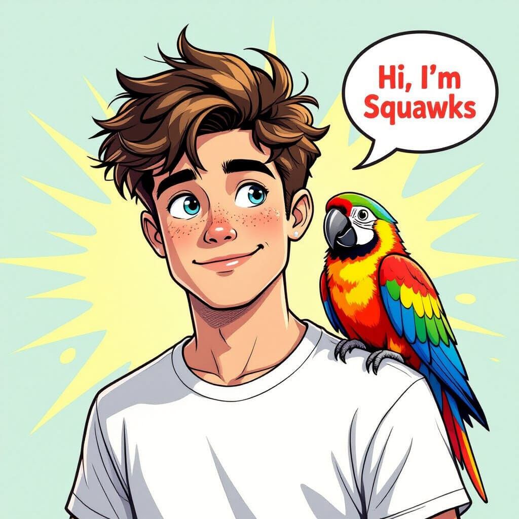 Young Man and Talking Parrot in Comic Book Style