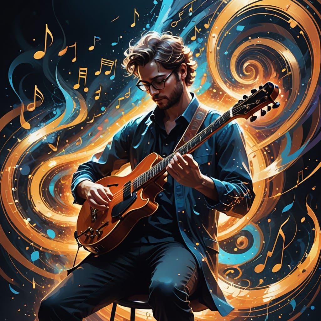Magical Music Notes Swirl Around Musician in Digital Paintin...