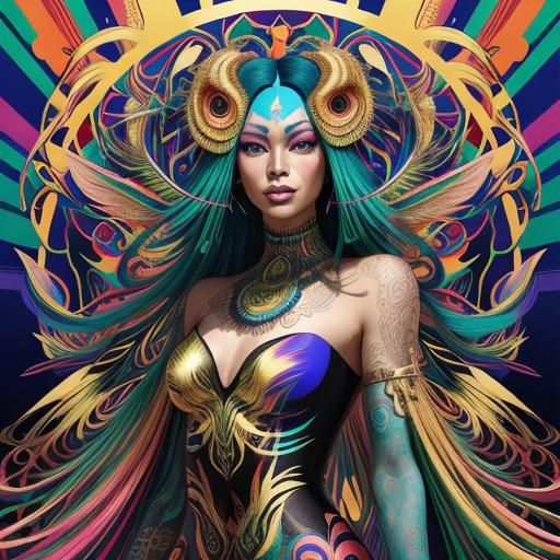 Rainbow Dragon Woman with Peacock Feathers in Pop Art