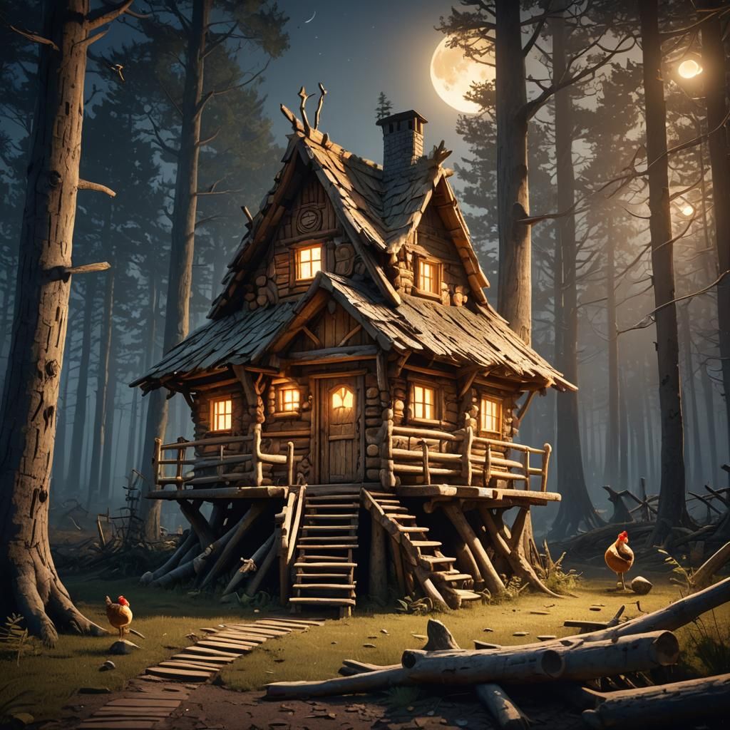Chicken Leg Hut in Moonlit Forest: 3D Whimsical Art