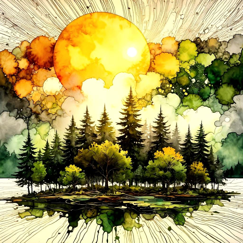 Sunrise Landscape in Gouache and Watercolor Style