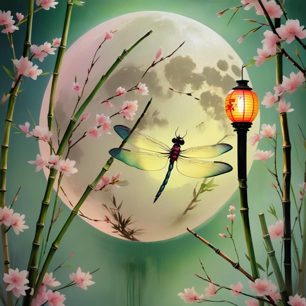 Asian-Inspired Moonlit Garden with Cherry Blossoms