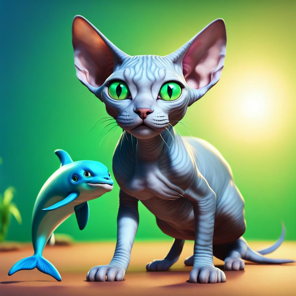 Blue Tabby Sphynx Cat Playing with Dolphin as 3D Art