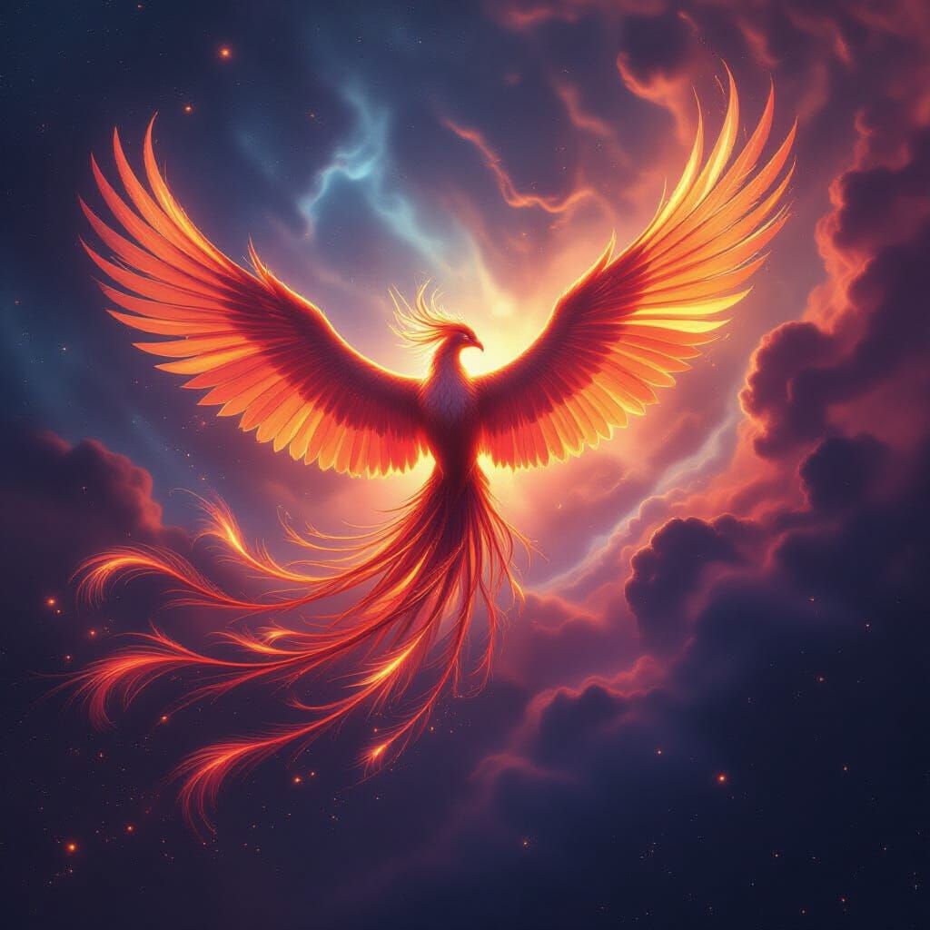 Bioluminescent Phoenix Soars Through Nebula