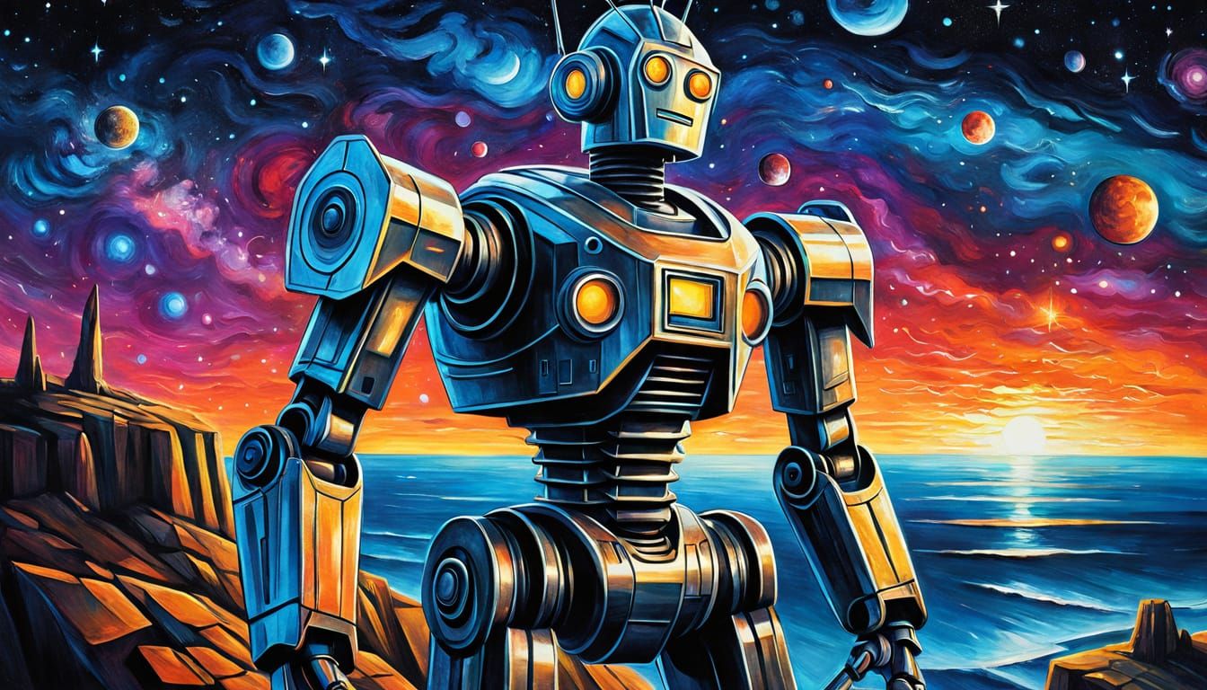 Giant Robot on Cliff in Cubist Futurism Style