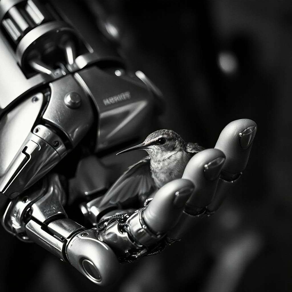 Robot Hand Holding Hummingbird in Black and White Film