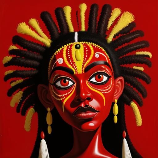Red Surrealist Faces: Abstract Aboriginal Oil Painting