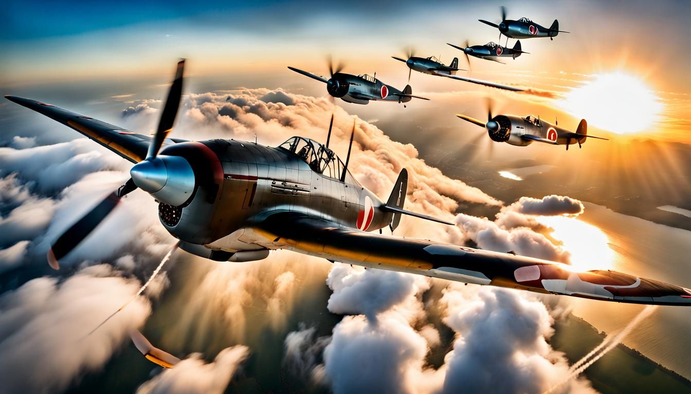 WWII Zero Dogfight in Dramatic Sunset Lighting