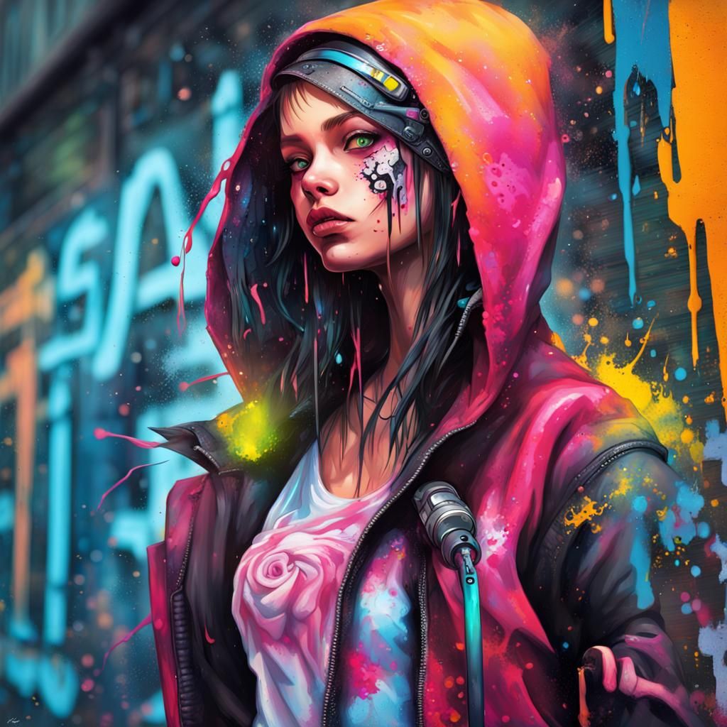 Cyberpunk Teen Heroine in Graffiti Splash Art Style