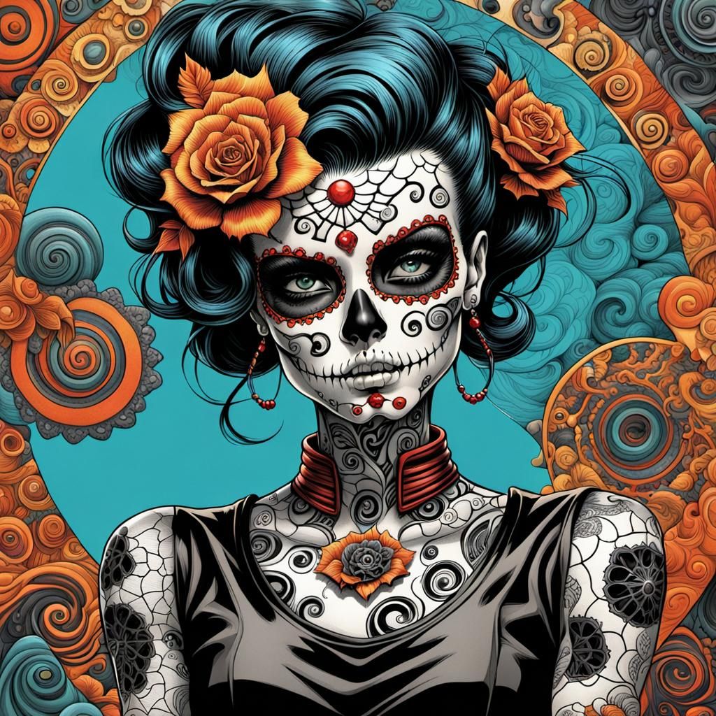Rockabilly Punk Sugar-Skull Lady in Comic Book Art